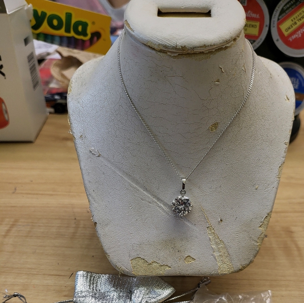 Swarovski crystal pendant w sterling silver necklace & necklace display and bags